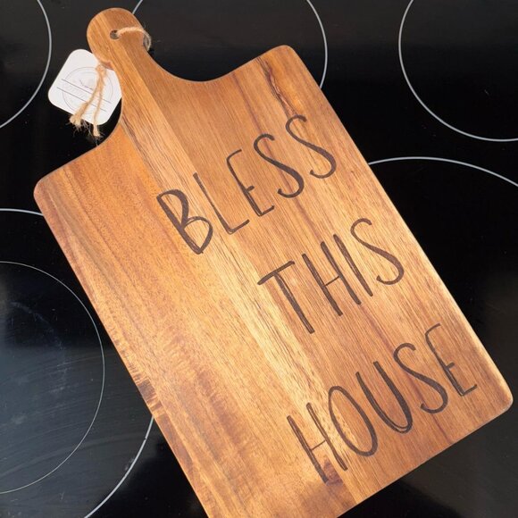 Bless This House Engraved Wood Cutting Board Paddle Handle Serving Tray 16x9 - Picture 2 of 4
